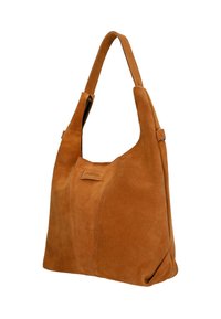 Torebka damska zamszowa w odcieniu tan, o miękkiej fakturze, szerokim pasku i kanciastym designie. Posiada naszywkę z logo z przodu oraz przestronną wnętrze.