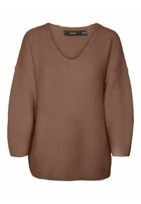 Brun strikket sweater med V-hals, lange ærmer og en løs pasform. Strukturen er ribbet, hvilket skaber et subtilt mønster.
