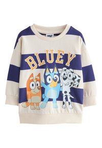 Sweat-shirt crème à rayures bleu marine avec trois personnages animaux de dessin animé ; poignets et encolure côtelés ; texte "BLUEY" en jaune.