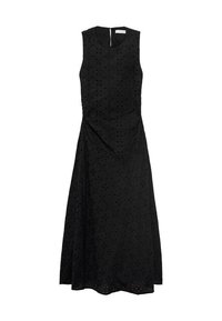 Robe sans manches noire avec un corsage ajusté et une jupe évasée, présentant des détails texturés et une fermeture éclair dans le dos.