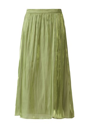 Pleated midi skirt in light green, made of a shiny, lightweight fabric. Features an elastic waistband and a flowing silhouette.