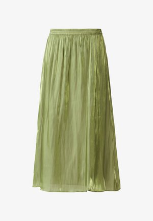 Gonna midi plissettata verde chiaro, realizzata in un tessuto lucido e leggero. Presenta una vita elastica e una silhouette fluida.