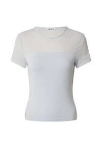 Lichtblauw T-shirt met korte mouwen en een doorschijnende bovenkant. Zachte, rekbare stof en een ronde halslijn, geschikt voor casual kleding.