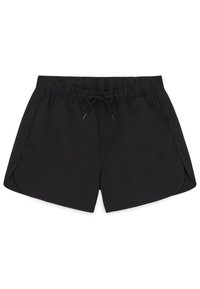 Pantaloni sportivi neri con vita elastica e cordino regolabile. Presentano spacchi laterali e una texture di tessuto liscia.