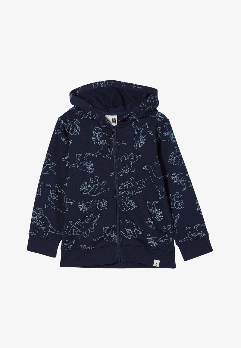 Sweat à capuche zippé bleu marine avec des motifs de squelettes de dinosaure bleu clair et des poches avant, conçu pour les enfants.
