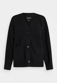 Svart kardiagan med V-urringning, långa ärmar, fyra knappar och två framfickor. Ribbstruktur på kragen och kanten, tillverkad av mjukt material.