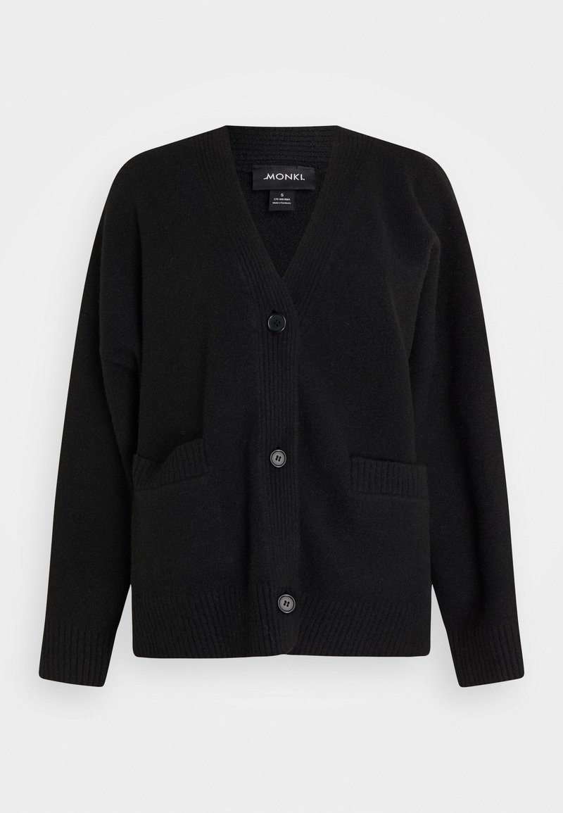 Svart kardiagan med V-urringning, långa ärmar, fyra knappar och två framfickor. Ribbstruktur på kragen och kanten, tillverkad av mjukt material.