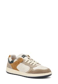 Sneaker in suede e pelle nei colori beige, crema e nocciola. Presentano una punta forata, chiusura con lacci e un accento blu navy sul tallone.