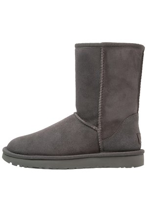 Grauer Wildleder-Stiefeletten mit runder Spitze, vertikalen Nahtdetails und einer flachen Gummisohle. Verfügt über ein einfaches, schmuckloses Design.