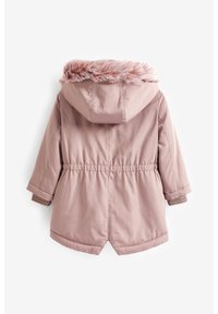 Roze geïsoleerde jas met een afneembare nepbonten capuchon, taille met trekkoord en lange mouwen. Glad fabric met een subtiele glans, middenlange design.