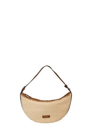 Sac à main tissé beige en forme de croissant avec un bord en cuir marron et une bandoulière réglable, avec un petit patch logo Marc O'Polo.