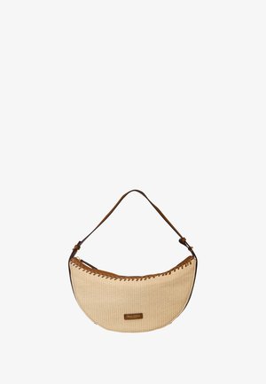 Sac à main tissé beige en forme de croissant avec un bord en cuir marron et une bandoulière réglable, avec un petit patch logo Marc O'Polo.