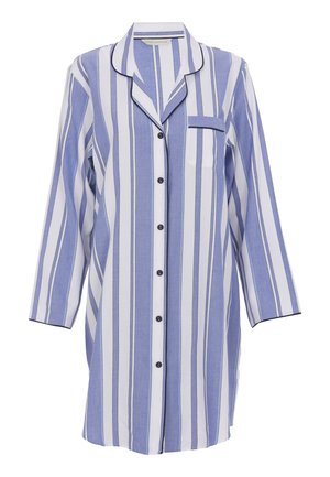 Blauw-wit gestreepte pyjama-shirt met knopenlijst, lange mouwen en een borstzak. Heeft marineblauwe bies langs de kraag en mouwen.