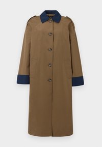 Long brown trench coat with navy collar and cuffs, five buttons down front, two side pockets, and shoulder epaulettes.