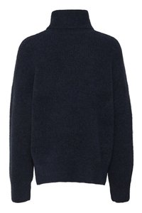 Granatowy, oversize sweter z wysokim kołnierzem i prążkowanymi mankietami. Wykonany z miękkiego, teksturowanego materiału o luźnym kroju.