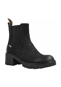 Stivale alla caviglia nero in suede, caratterizzato da un tacco spesso e una suola texturizzata. Pannelli elastici ai lati e una linguetta sul retro per una facile calzata.