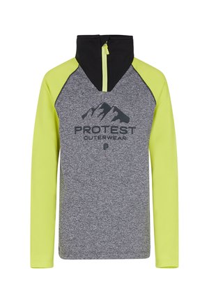 Grijze en neon gele longsleeve trui met een half-rits kraag, raglanmouwen, en "PROTEST OUTERWEAR" bedrukt op de voorkant.