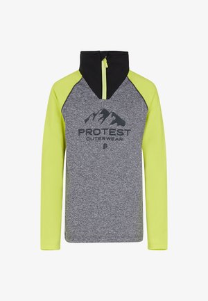 Grauer und neon-gelber Langarmpullover mit halb verdecktem Reißverschluss-Kragen, Raglanärmeln und "PROTEST OUTERWEAR"-Druck auf der Vorderseite.