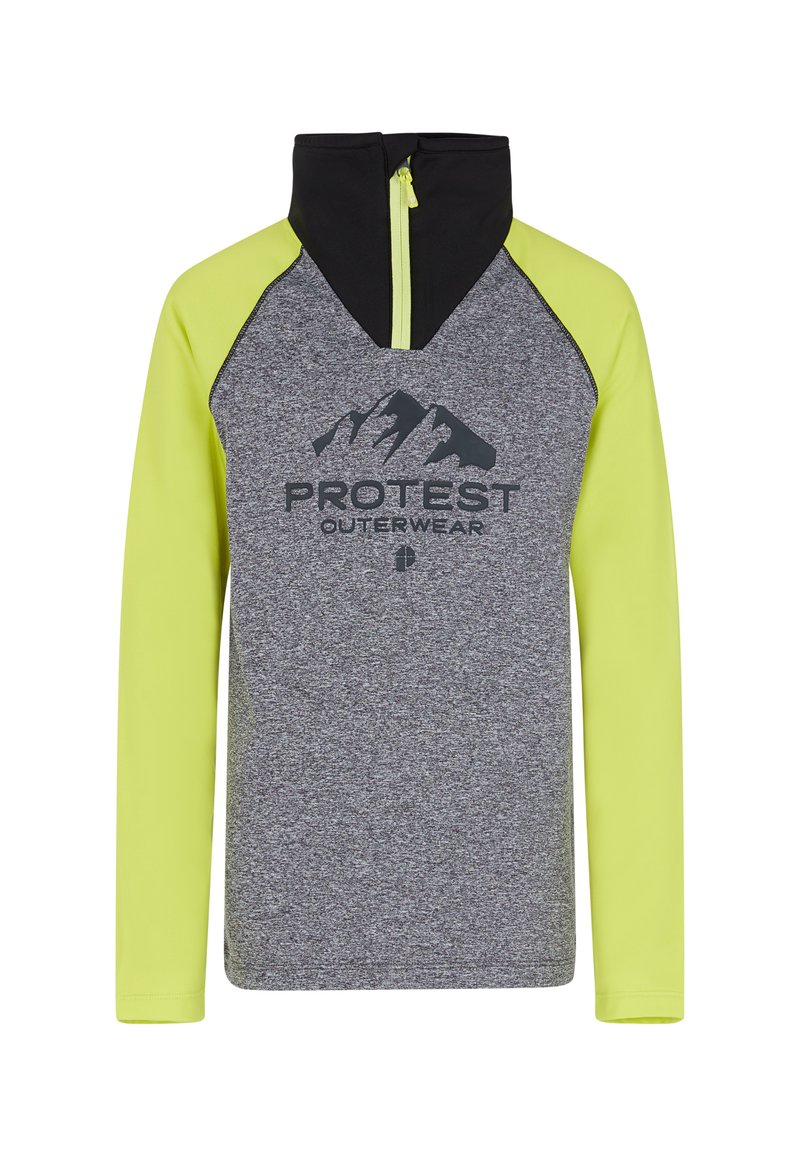 Sivý a neonovo žltý pulóver s dlhým rukávom a polovičným zipsom na golieri, raglánovými rukávmi a nápisom "PROTEST OUTERWEAR" potlačeným na prednej strane.