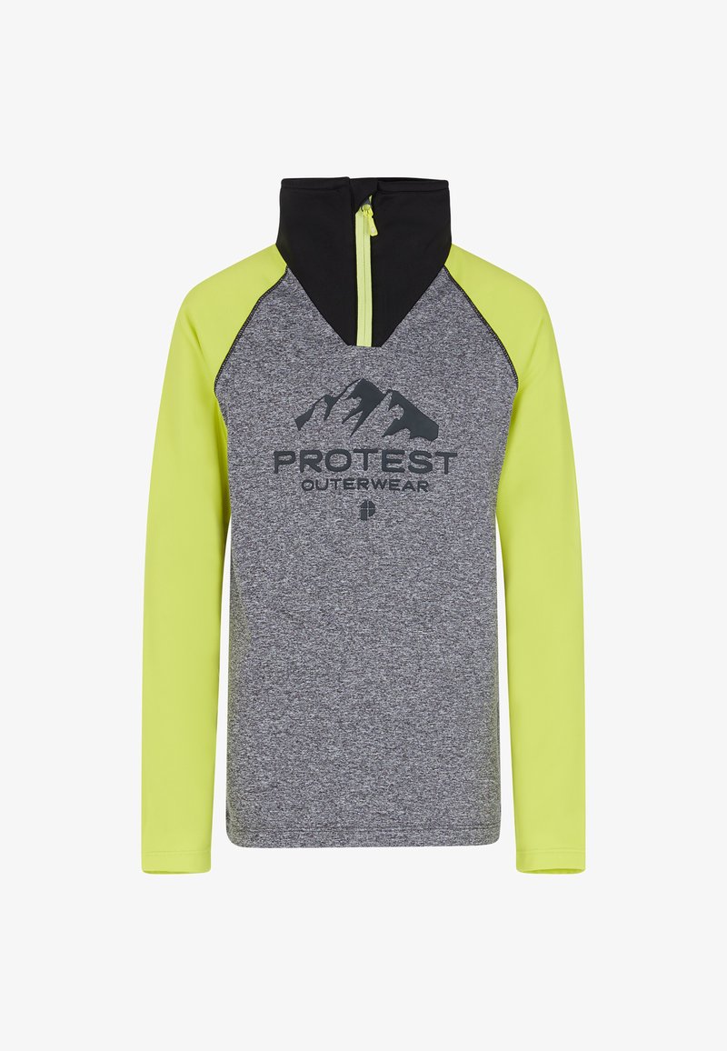 Grauer und neon-gelber Langarmpullover mit halb verdecktem Reißverschluss-Kragen, Raglanärmeln und "PROTEST OUTERWEAR"-Druck auf der Vorderseite.
