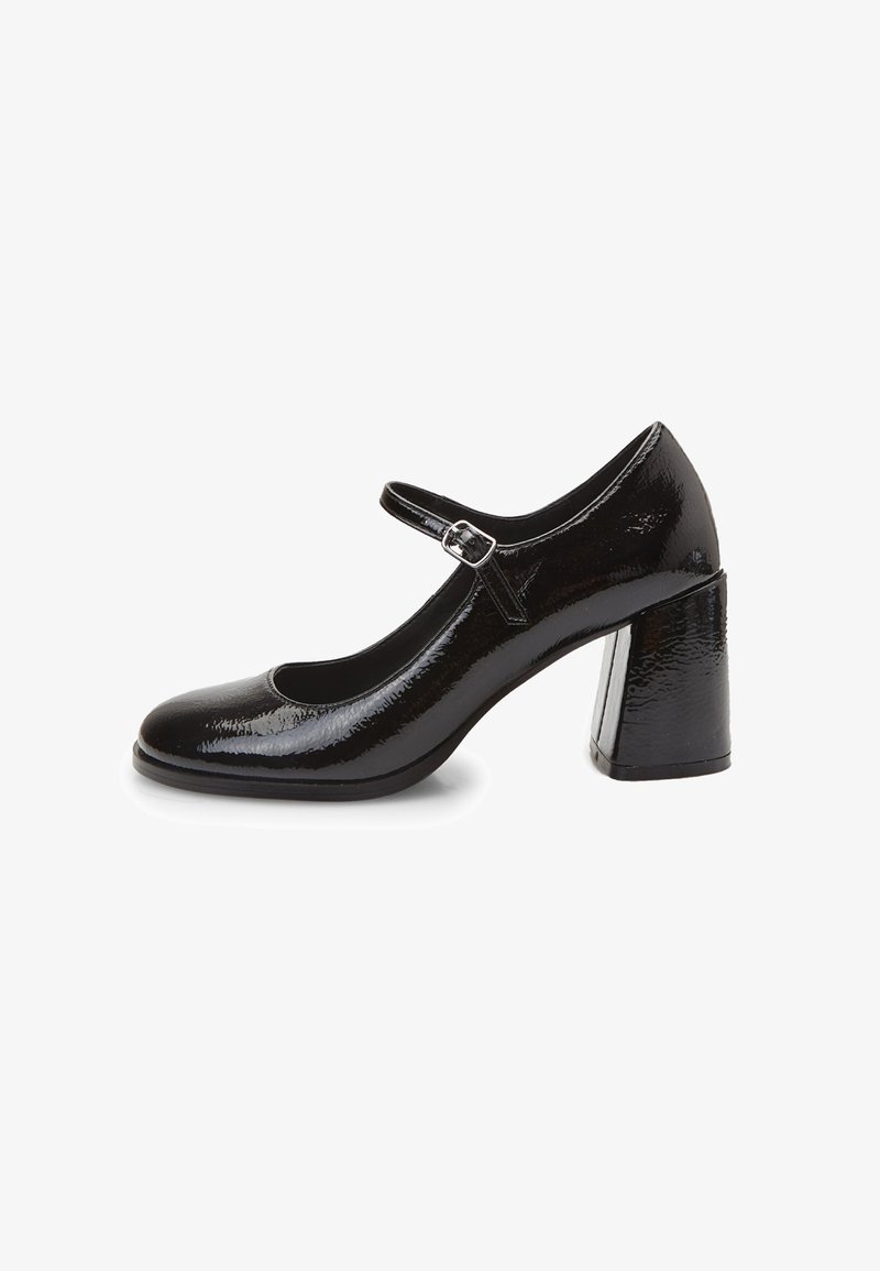 Black patent leather Mary Jane shoes with a rounded toe, ankle strap with a metal buckle, and a chunky block heel. Smooth, shiny texture.