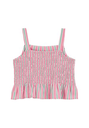 Haut rose sans manches smocké avec des rayures verticales vertes et blanches et un ourlet à volants en bas.