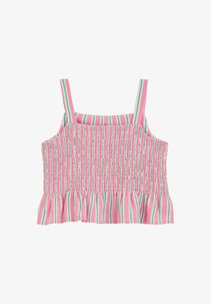 Top rosa smock senza maniche con righe verticali verdi e bianche e orlo arricciato sul fondo.