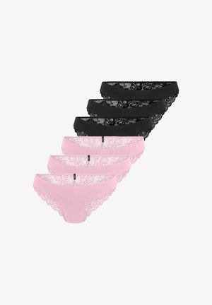 Set van zes dames slipjes met kanten rand in zwart en roze, gerangschikt in twee rijen op een witte achtergrond.