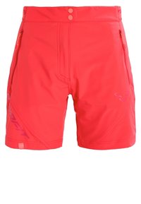 Rote sportliche Shorts aus leichtem Material, mit einem flachen Bund und zwei Knöpfen sowie seitlichen Reißverschlusstaschen. Auffällige diagonale Nähte.