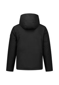 Schwarze Kapuzenjacke mit glatter, gesteppter Textur. Verfügt über einen geraden Schnitt, lange Ärmel und keine sichtbaren Beschläge oder Verzierungen.