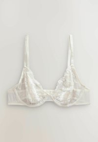 Witte kanten bralette met een bloemenpatroon, doorschijnende netpanelen, verstelbare bandjes en een zachte onderband voor comfort.