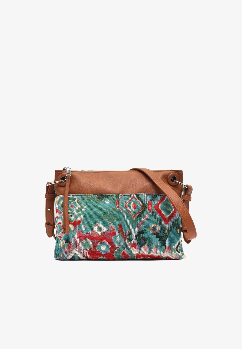 Sac bandoulière avec dessus en cuir marron et bandoulière, présentant un tissu tissé coloré avec des motifs géométriques et floraux rouges, verts et bleus.
