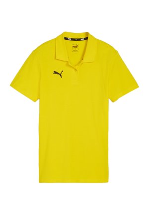 Geel polo t-shirt met een kraag, korte mouwen, gemaakt van katoen. Kenmerkt zich door een zwart Puma-logo op de linkerborst. Eenvoudig en effen kleurontwerp.