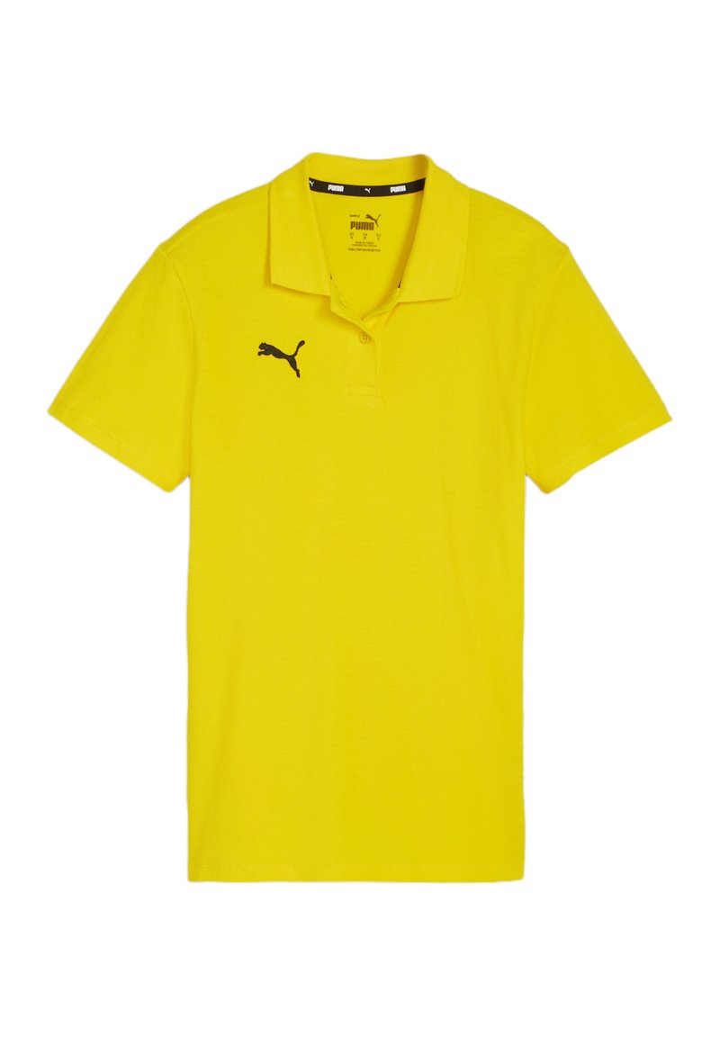 Polo giallo con colletto, maniche corte, realizzato in cotone. Presenta un logo Puma nero sul lato sinistro del petto. Design semplice e a tinta unita.