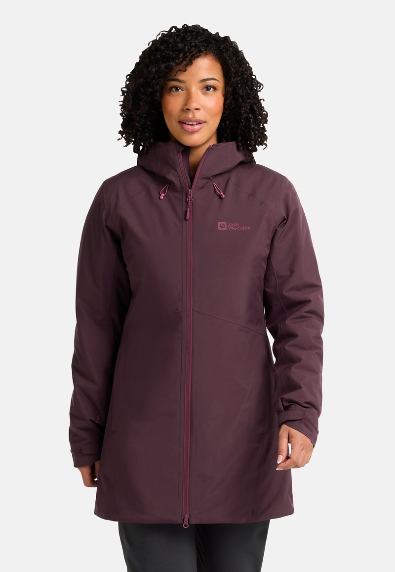 Kastanienbraune wasserdichte Jacke mit Reißverschluss vorne, verstellbarer Kapuze und Logo-Detail. Sie verfügt über lange Ärmel und einen geraden Schnitt, der für den Einsatz im Freien konzipiert ist.