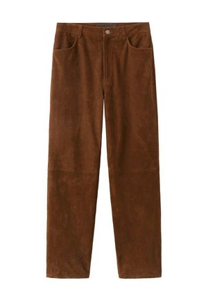 Brown suede straight-leg pants with front pockets, belt loops, and a button closure.