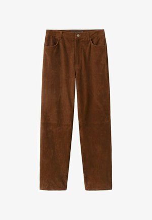 Brown suede straight-leg pants with front pockets, belt loops, and a button closure.