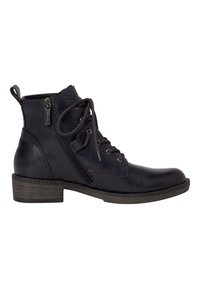 Botas de cuero navy hasta el tobillo con punta redonda, tacón plano y cordones en la parte frontal; cuenta con una cremallera lateral y acentos texturizados.