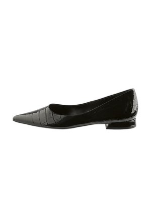Black patent leather pointed-toe flats with a crocodile texture, low block heel, and smooth interior lining. Sleek design ideal for formal settings.