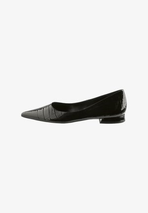 Black patent leather pointed-toe flats with a crocodile texture, low block heel, and smooth interior lining. Sleek design ideal for formal settings.
