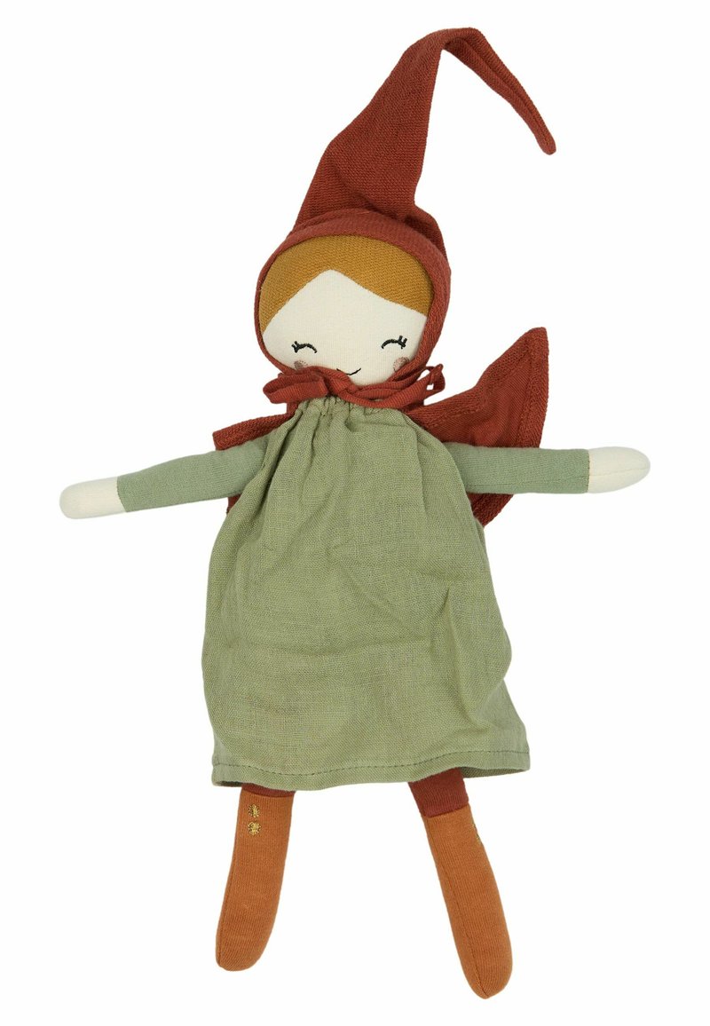 Soft fabric doll with a green dress, red cap, and brown hair. Features embroidered face and long arms and legs in coordinating colors.
