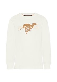 Witte lange mouwen shirt met een bruine grafiek van een rennende greyhound, met daaronder de tekst "TRUSSARDI" in een bijpassende kleur. Zachte katoenstof.