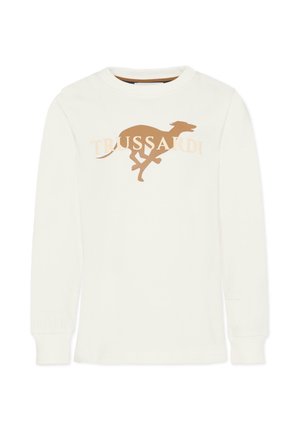 Witte lange mouwen shirt met een bruine grafiek van een rennende greyhound, met daaronder de tekst "TRUSSARDI" in een bijpassende kleur. Zachte katoenstof.