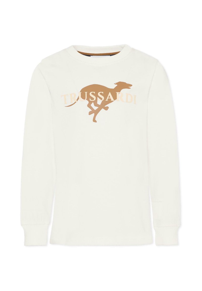 Camicia bianca a maniche lunghe con una grafica di un levriero grigio che corre, con il testo "TRUSSARDI" sottostante in un colore coordinato. Tessuto di cotone morbido.