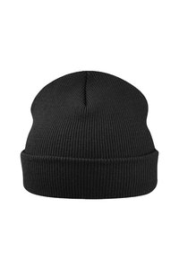 Gorro de punto negro con textura acanalada, puño doblado y parte superior cónica. Está hecho de un material suave y elástico para mayor comodidad y calidez.
