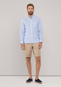 Camicia a maniche lunghe a righe azzurre, pantaloni beige e scarpe slip-on scure. La camicia è dotata di taschino e colletto con bottoni.