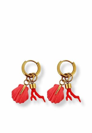 Gold hoop earrings with red shell and coral charms, each featuring a small gold spike accent.