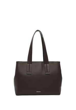 Dark brown textured leather tote bag with two long straps and a small brand logo on the front center.