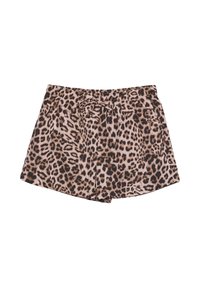 Szorty w cętki lamparta z wiązaniem w pasie, wykonane z miękkiego materiału. Mają jasnobrązowe tło z ciemnobrązowymi plamami.