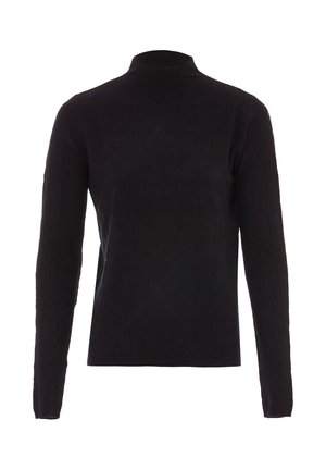 Schwarzer, langärmeliger Rollkragenpullover aus strukturiertem Stoff mit geometrischem Muster, taillierter Schnitt und hohem Kragen.